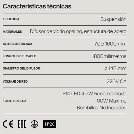 Medidas del producto Lámpara golgante Model 2109