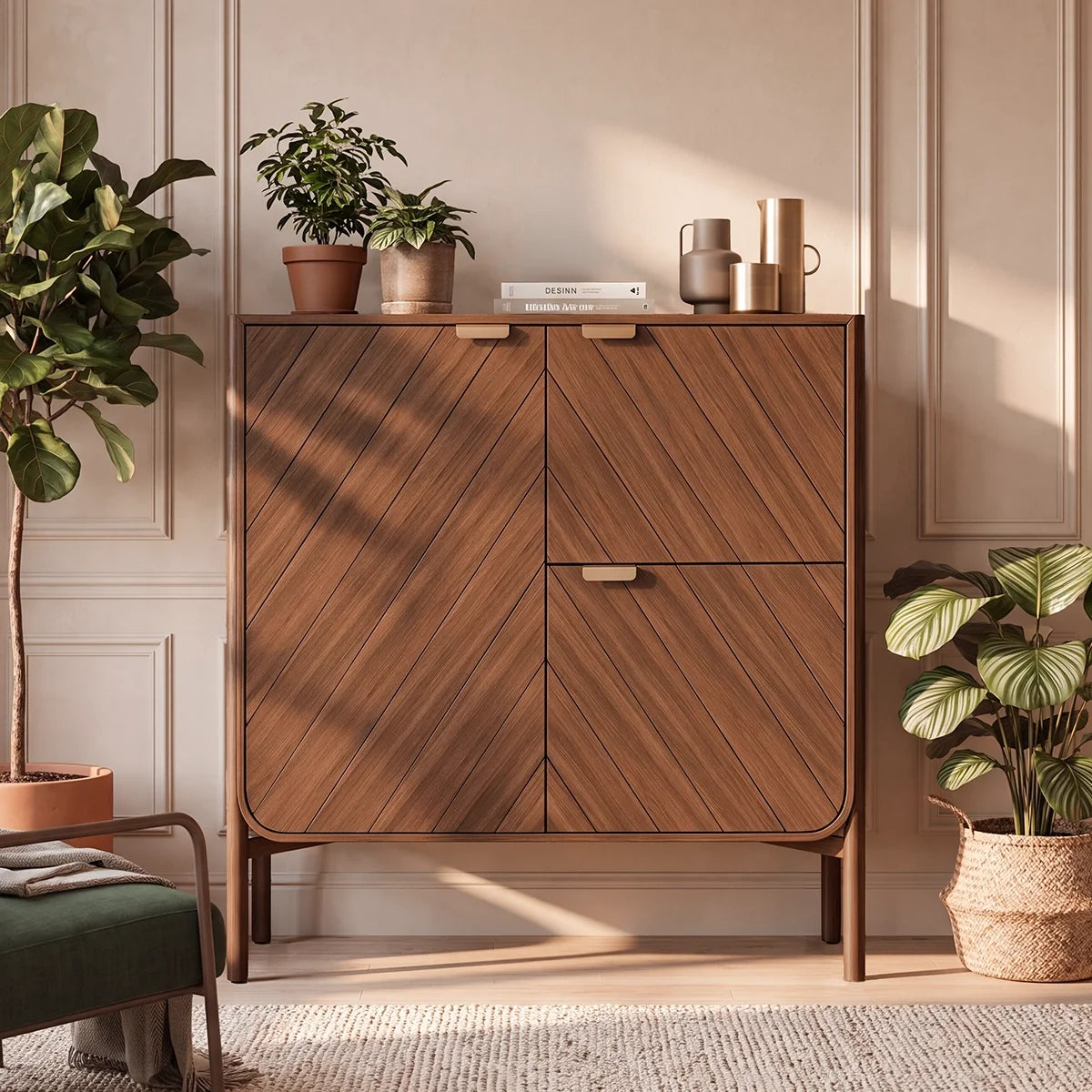 Aparador alto de madera de estilo nórdico para salón