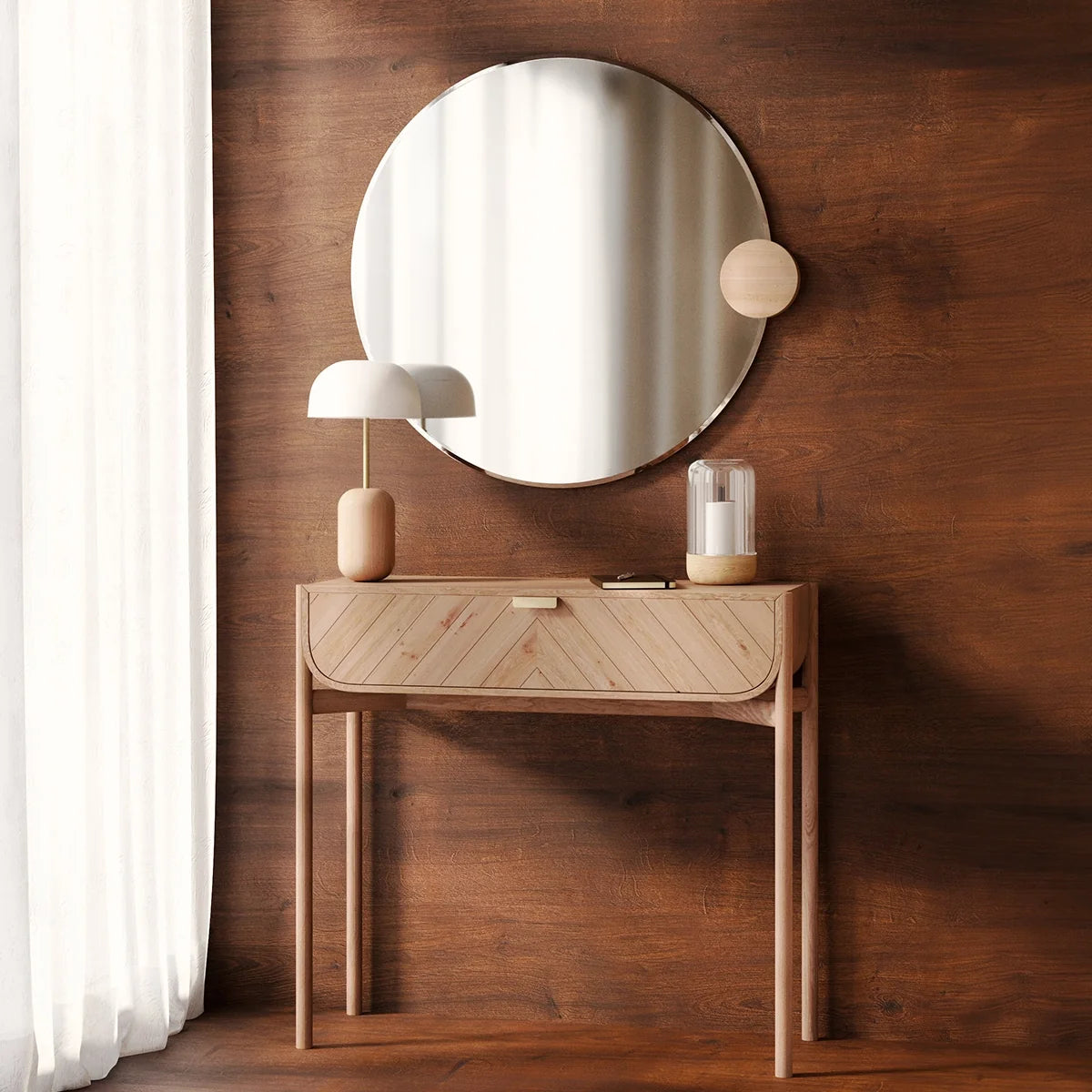 Consola estrecha de madera natural para entrada