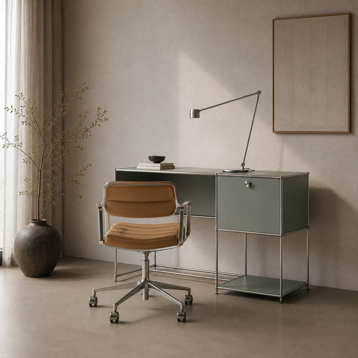 Escritorio modular USM Haller azul con puerta abatible y silla Vipp de piel camel en despacho de estilo Norm Architects