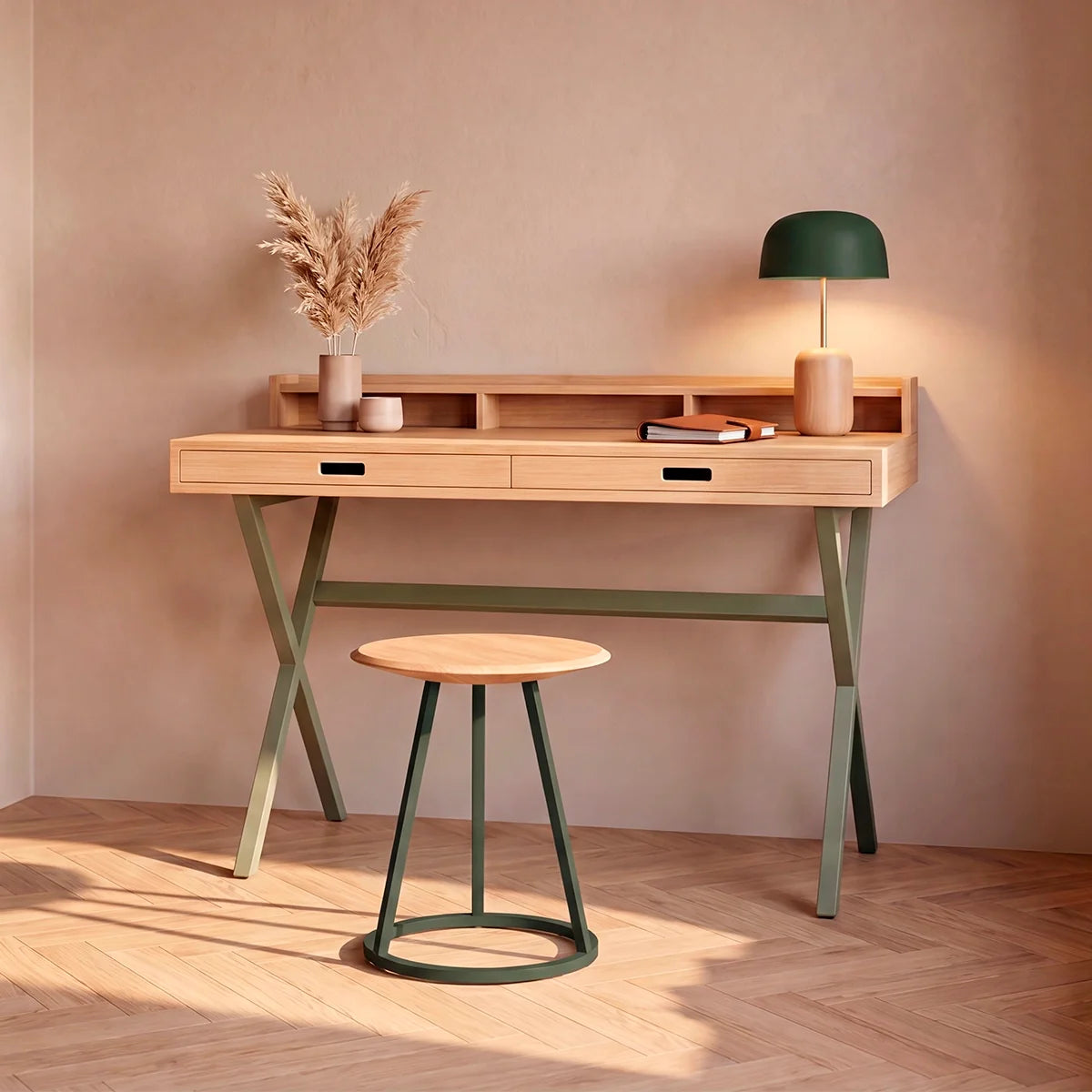 Escritorio de diseño en madera con estructura metálica