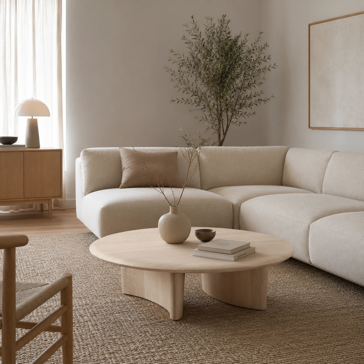 Mesa de centro redonda de madera de diseño premium en un salón nórdico contemporáneo, perfecta para ambientes minimalistas, acogedores y de alta decoración.

