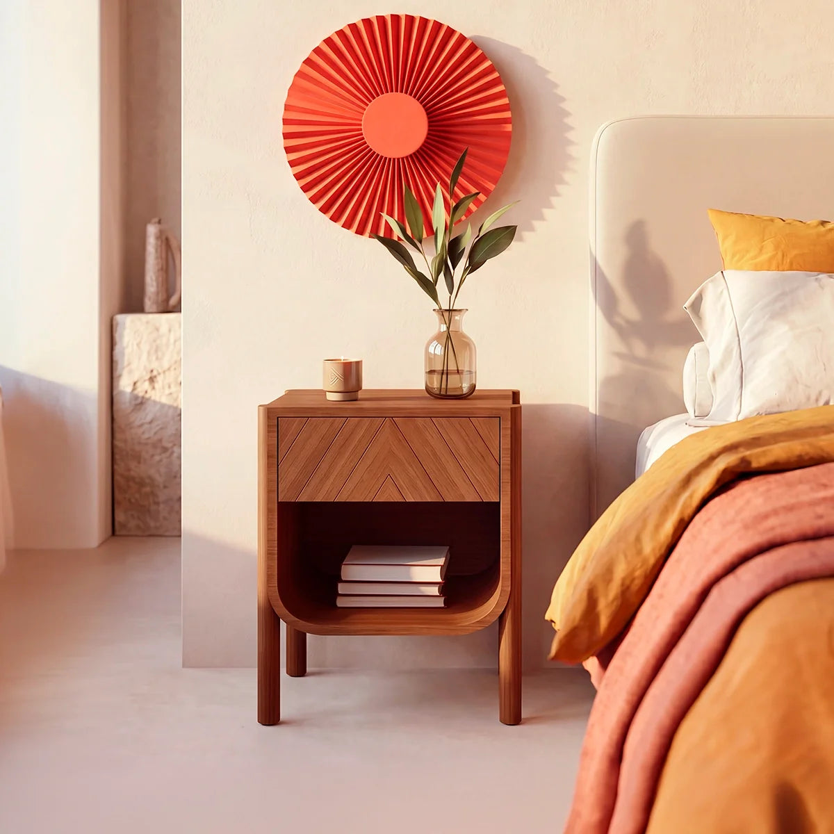 Mesita de noche de diseño nórdico en madera natural