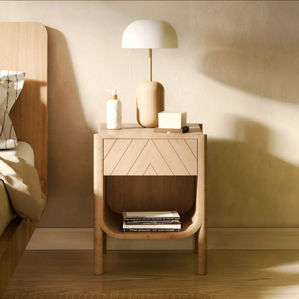 Mesita de noche de diseño en madera natural con cajón