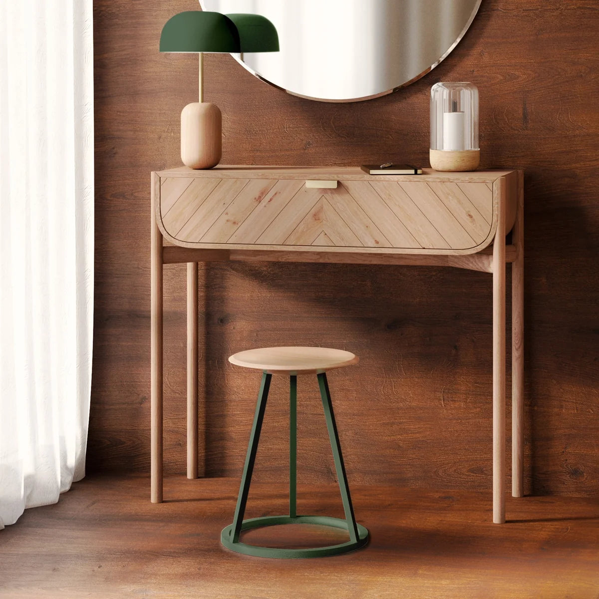 Taburete de madera con estructura metálica